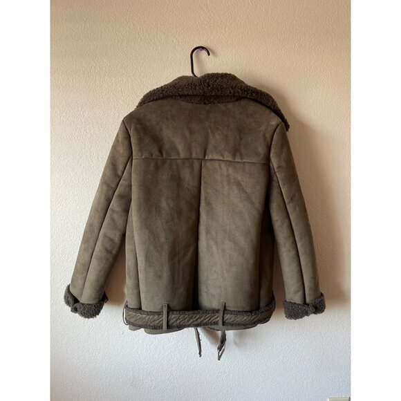 JOA Women's Biker Jacket Faux Fur Moto Short Belted Green Heavy Fleece Size XS - Picture 4 of 4